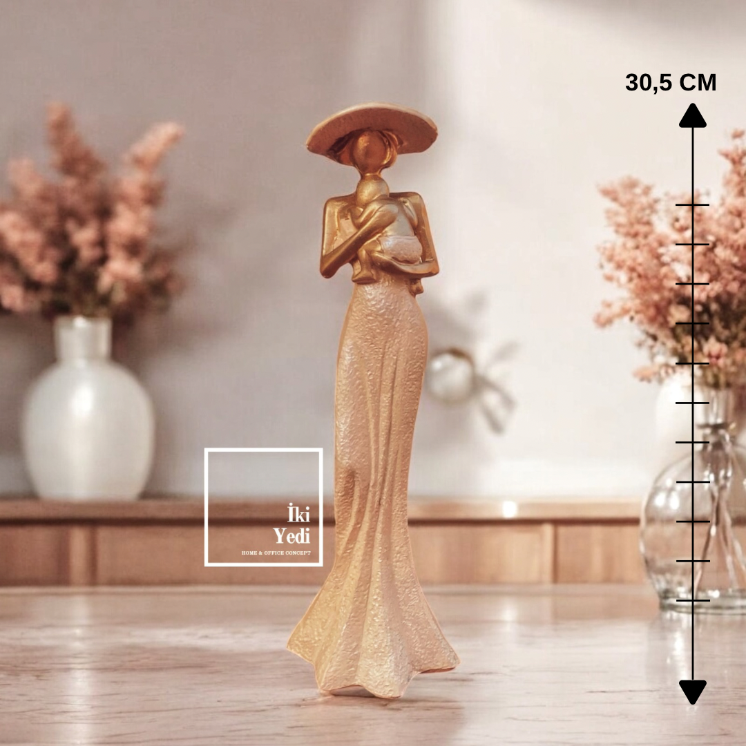 Anne ve Bebek Heykeli 30,5 cm, Şapkalı Altın Renk Dekoratif Biblo, Ev Ofis Aksesuar Hediyelik Obje