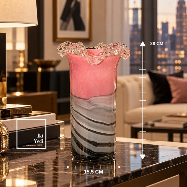 Rosa Strata Pembe Gri Siyah Cam Vazo Dalgalı Ağızlı Mermer Desenli Dekoratif Obje Salon Ev Hediyesi