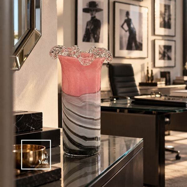 Rosa Strata Pembe Gri Siyah Cam Vazo Dalgalı Ağızlı Mermer Desenli Dekoratif Obje Salon Ev Hediyesi