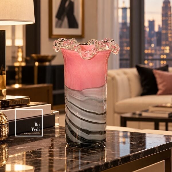 Rosa Strata Pembe Gri Siyah Cam Vazo Dalgalı Ağızlı Mermer Desenli Dekoratif Obje Salon Ev Hediyesi