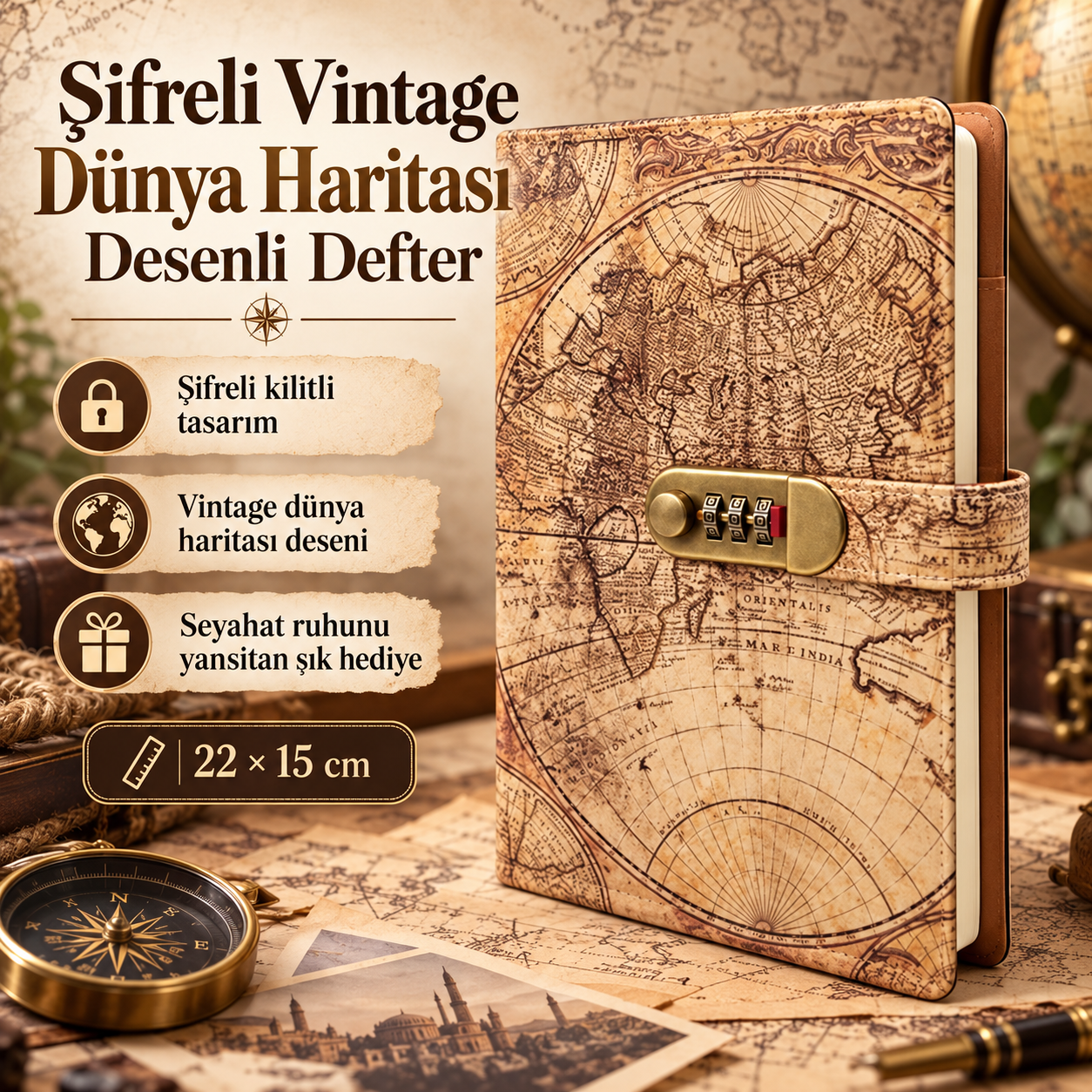 Seyrâme Şifreli Kilitli Defter Vintage Dünya Haritası Desenli Günlük Seyahat Anı Not Defteri