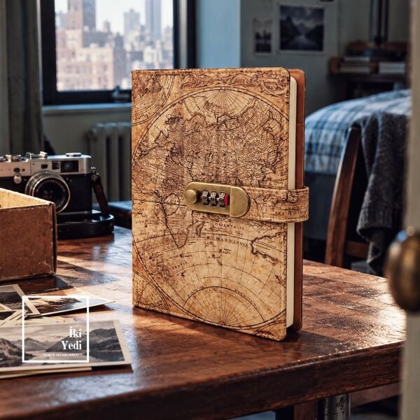 Seyrâme Şifreli Kilitli Defter Vintage Dünya Haritası Desenli Günlük Seyahat Anı Not Defteri