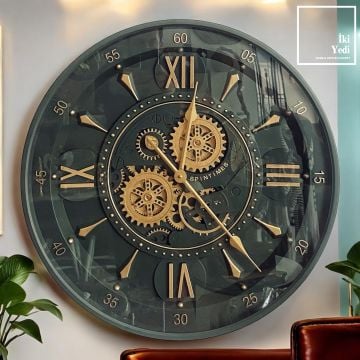 Hubert 60 cm Yeşil Döner Çarklı Duvar Saati – Mekanik Metal Saat, Ofis ve Ev Dekorasyonu Hediyesi, Gold Romen Rakamlı Büyük Saat Modeli