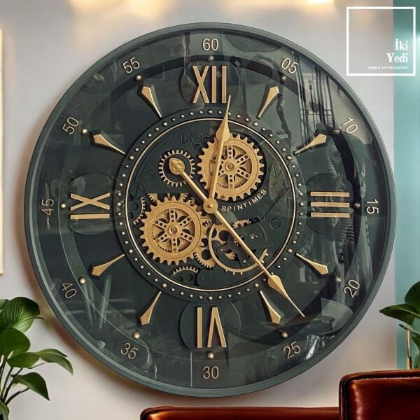 Hubert 60 cm Yeşil Çarklı Duvar Saati – Mekanik Metal Saat, Gold Rakamlı Ev Ofis Dekoru