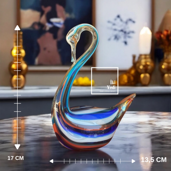 Swupe El Yapımı Renkli Cam Kuğu Biblo, Dekoratif Obje, Ev Ofis Aksesuar, Hediyelik Cam Süs