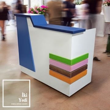 Prefet 140 cm Çok Renkli Mavi Yeşil Pembe Karşılama Bankosu Resepsiyon Masası Para Kasası Desk Ofis Okul Otel Cafe Restoran Mobilyaları