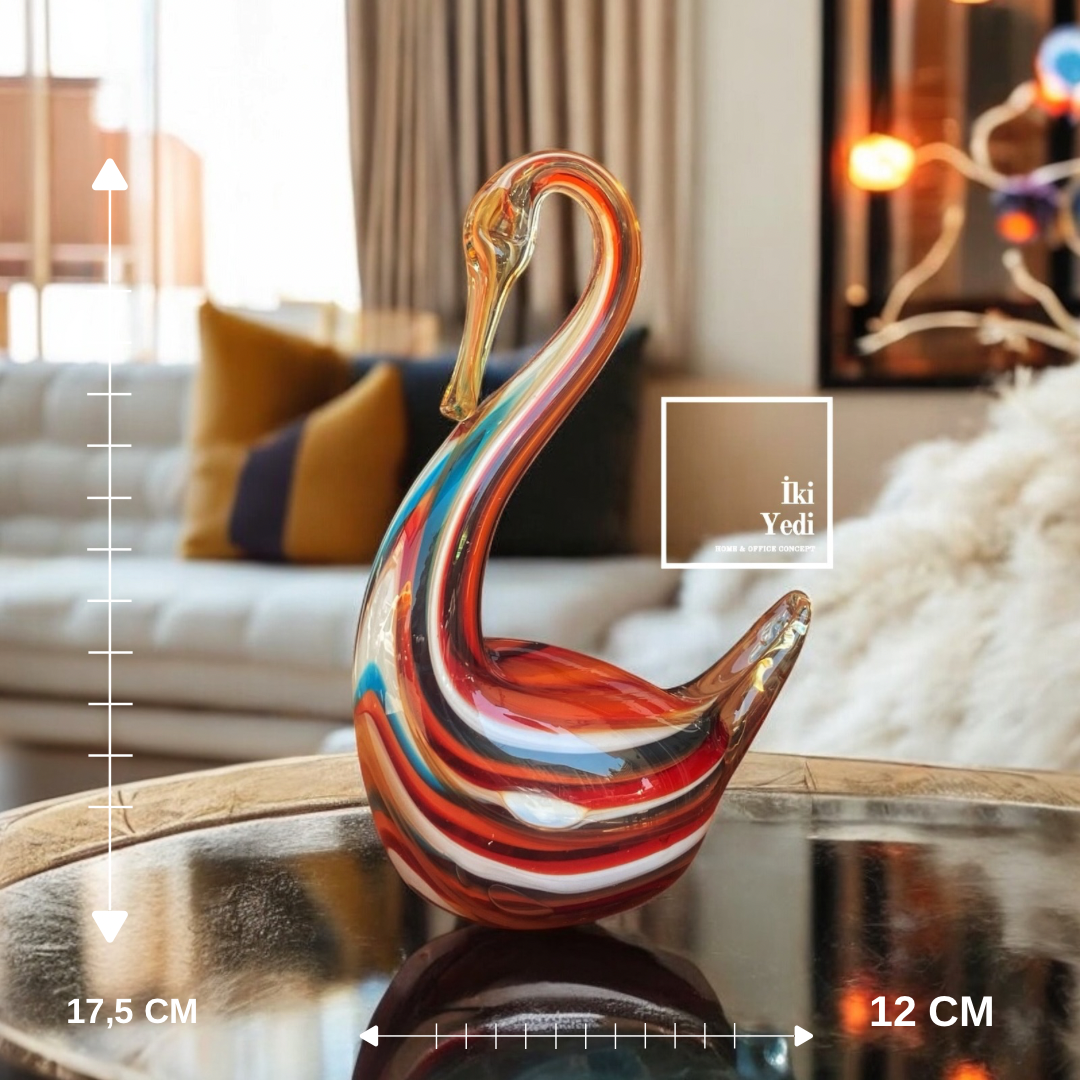 Swupe El Yapımı Renkli Cam Kuğu Biblo, Dekoratif Obje, Ev Ofis Aksesuar, Hediyelik Cam Süs
