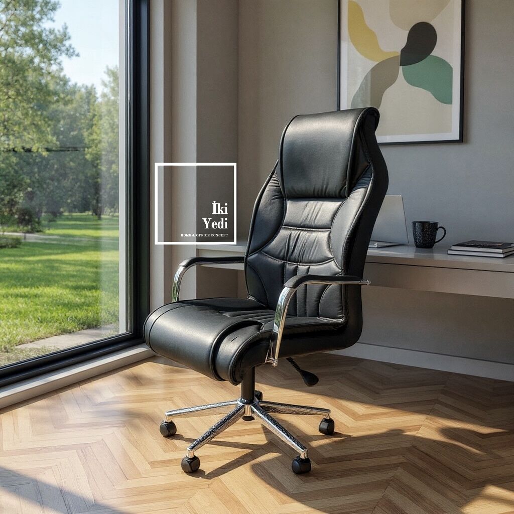 Jampard Yönetici Ofis Koltuğu Siyah Deri Makam Büro Koltukları Metal Ayaklı Çalışma Koltuğu
