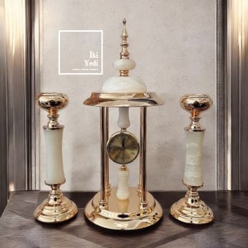 Karenina Mermer Gold Şamdan ve Saat Seti, Lüks Masa Konsol Dekoru, Zarif Ev Hediyesi Obje