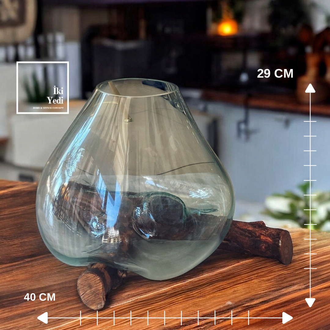 Cazorla Serisi El Yapımı Ağaç Kütük Üzeri Cam Fanus Akvaryum Teraryum Vazo Obje Ev Ofis Aksesuarı