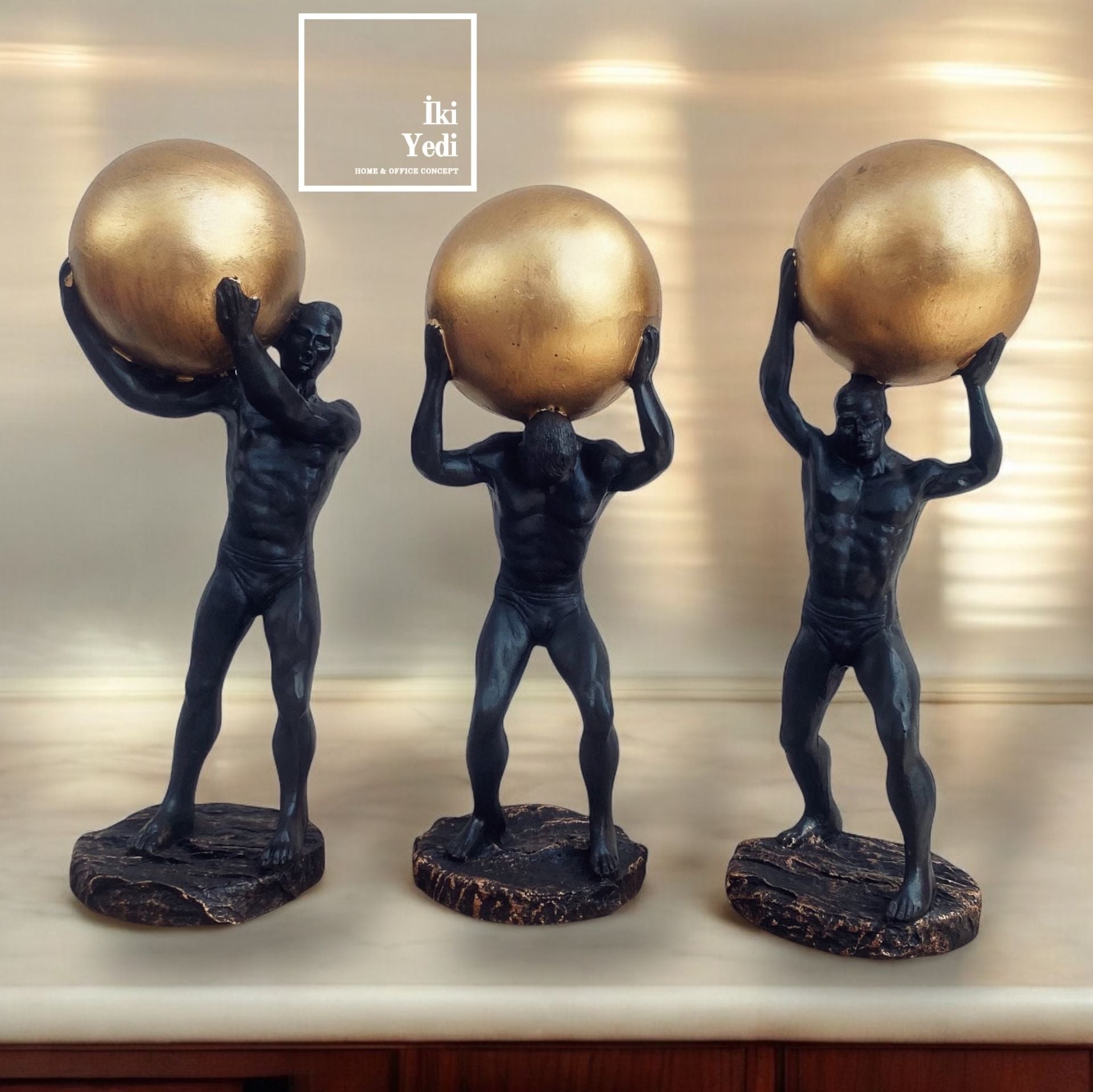 Wayne Dünyayı Taşıyan Atlas Adamlar 3'lü Dekoratif Obje Seti Ev Dekorasyonu Ofis Hediyesi Siyah