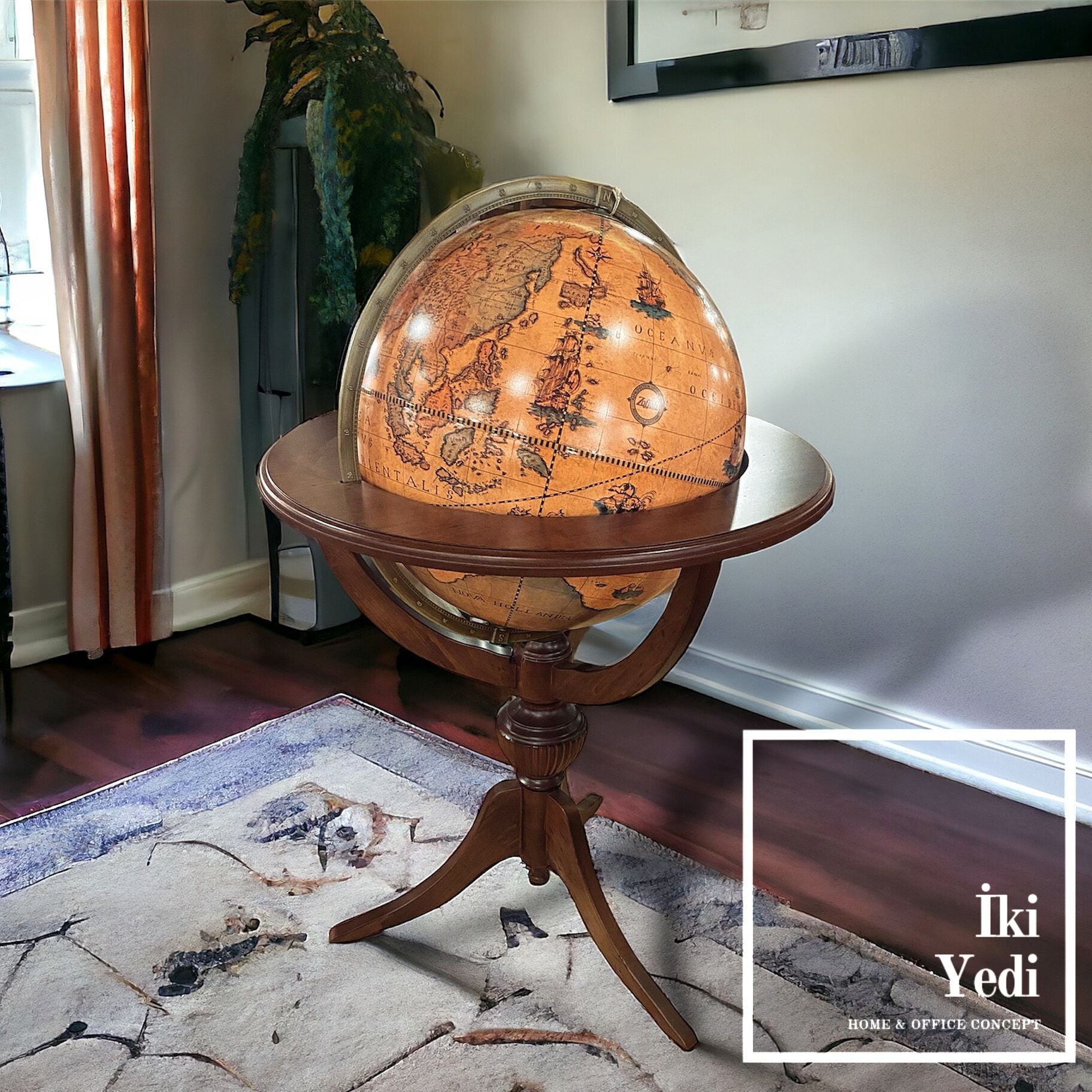 Lorraine 50 cm Büyük Dünya Küresi, Ahşap Ayaklı Döner Yerküre, Lüks VIP Ofis Dekoratif Hediye