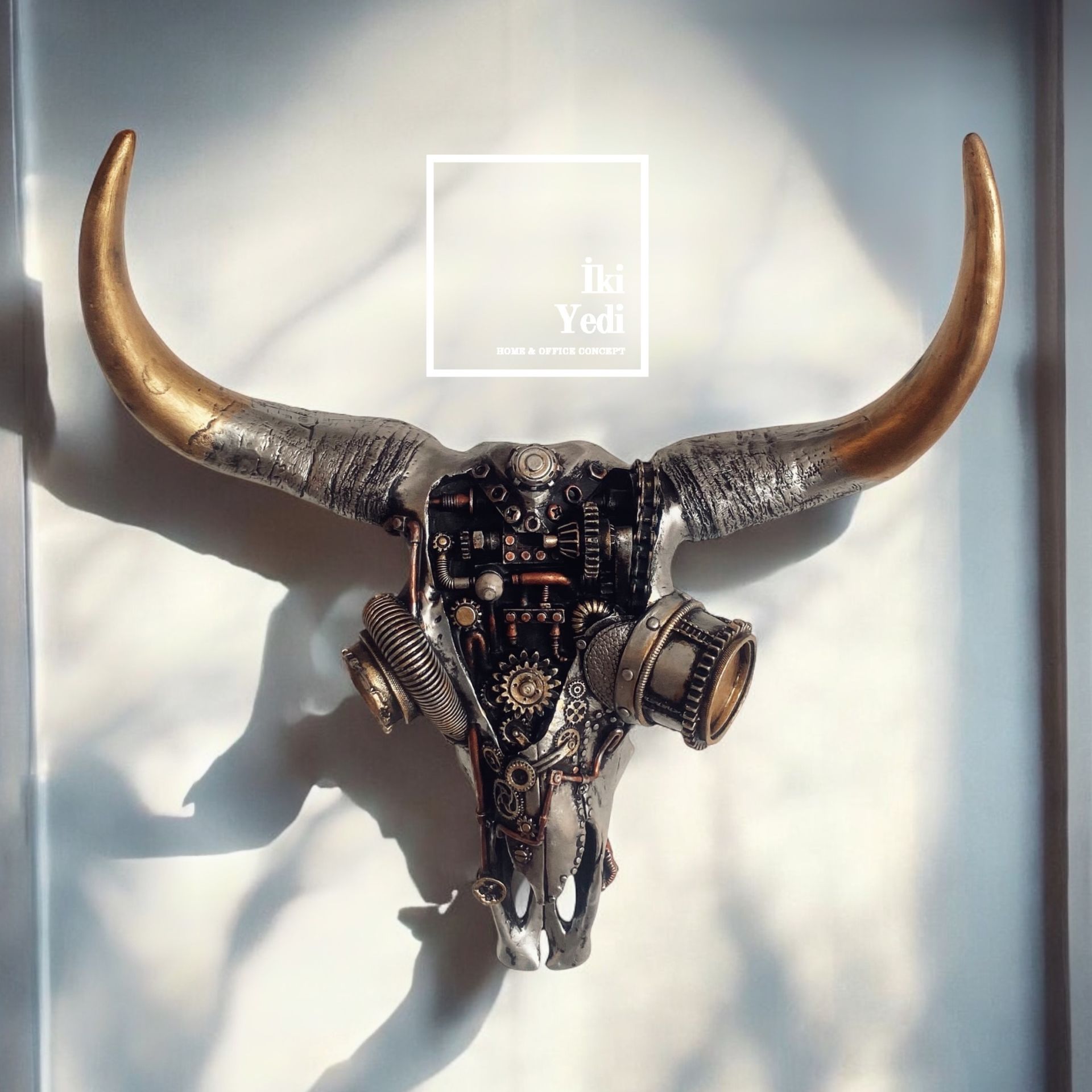 Morgan 42 cm Steampunk Buffalo Kafası Mekanik Bufalo Boynuzlu Hayvan Başı Duvar Dekoru Boğa Obje
