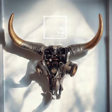 Morgan 42 cm Steampunk Buffalo Kafası Mekanik Bufalo Boynuzlu Hayvan Başı Duvar Dekoru Boğa Obje