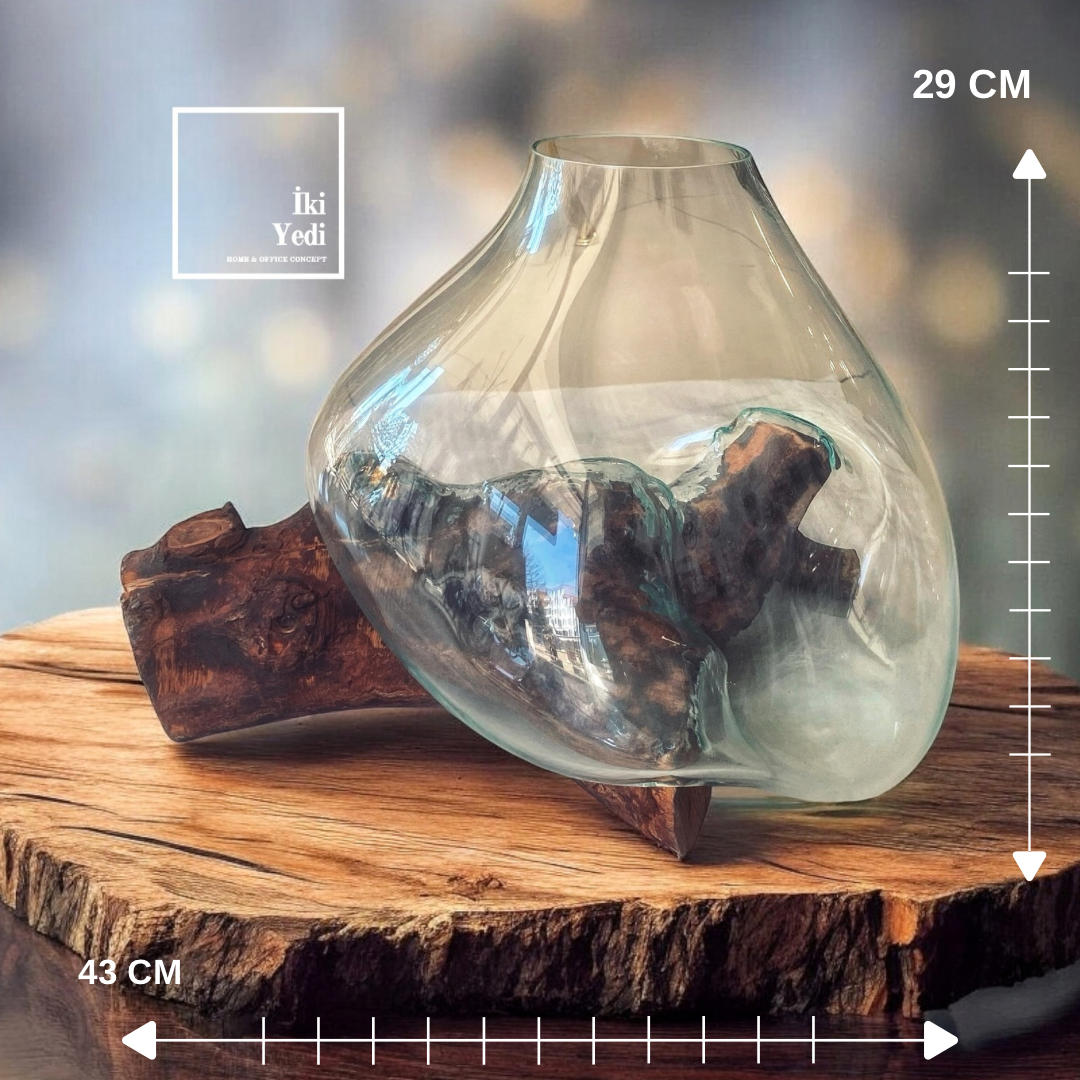 Cazorla Serisi El Yapımı Ağaç Kütük Üzeri Cam Fanus Akvaryum Teraryum Vazo Obje Ev Ofis Aksesuarı
