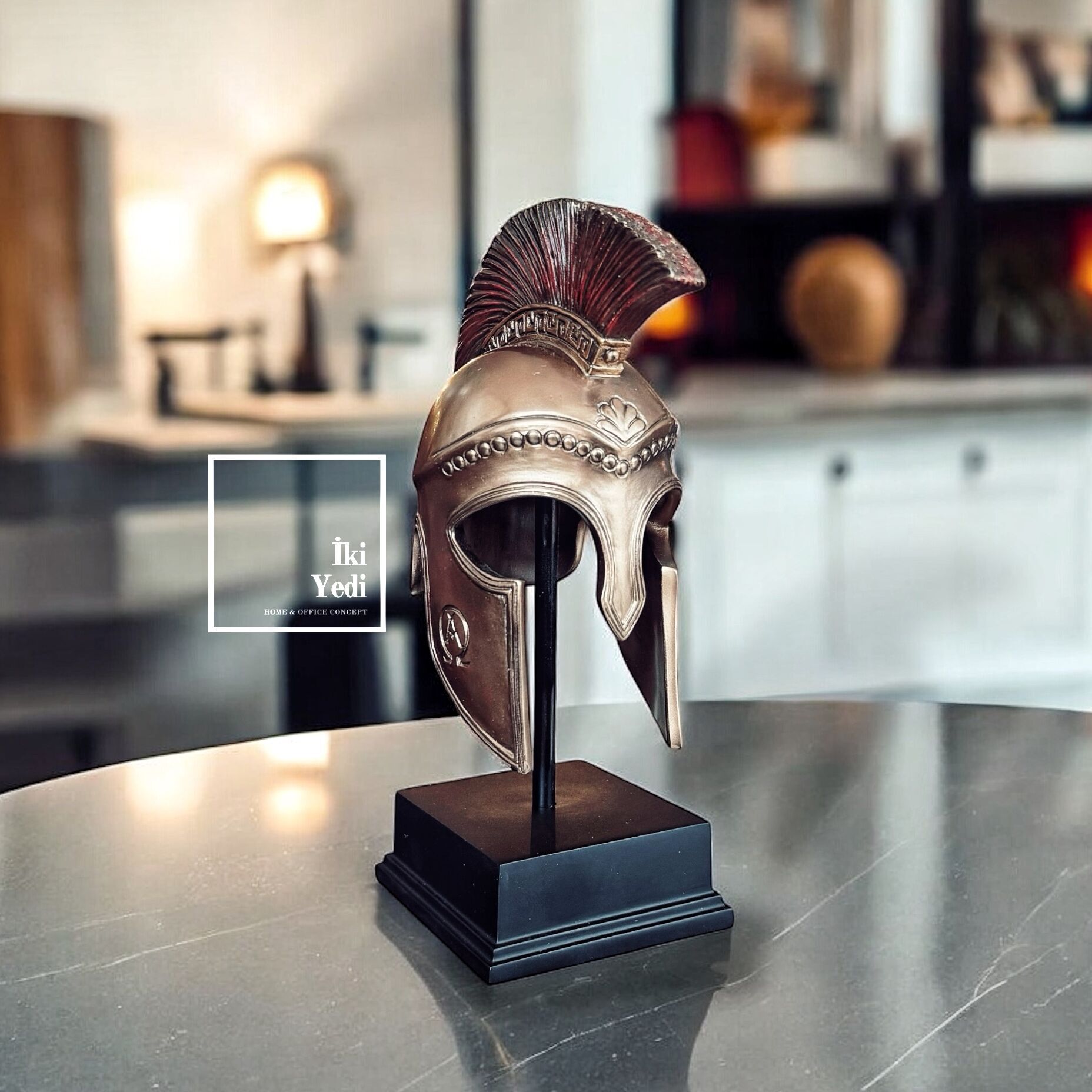 Veronese Yunan Miğferi Heykeli Greek Hoplite Bronz Biblo Mitolojik Savaşçı Figür Ev Ofis Dekoratif