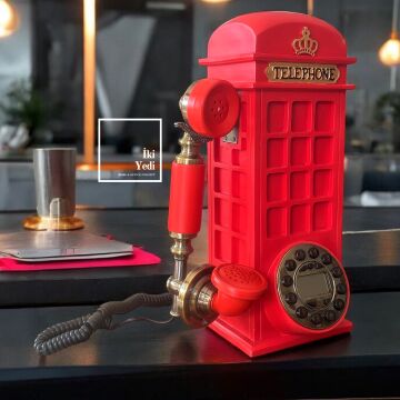 Redphone Retro Kırmızı Telefon Kulübesi Tasarımlı Masaüstü Telefon Sabit Hat Telefonu Ofis Ev VIP