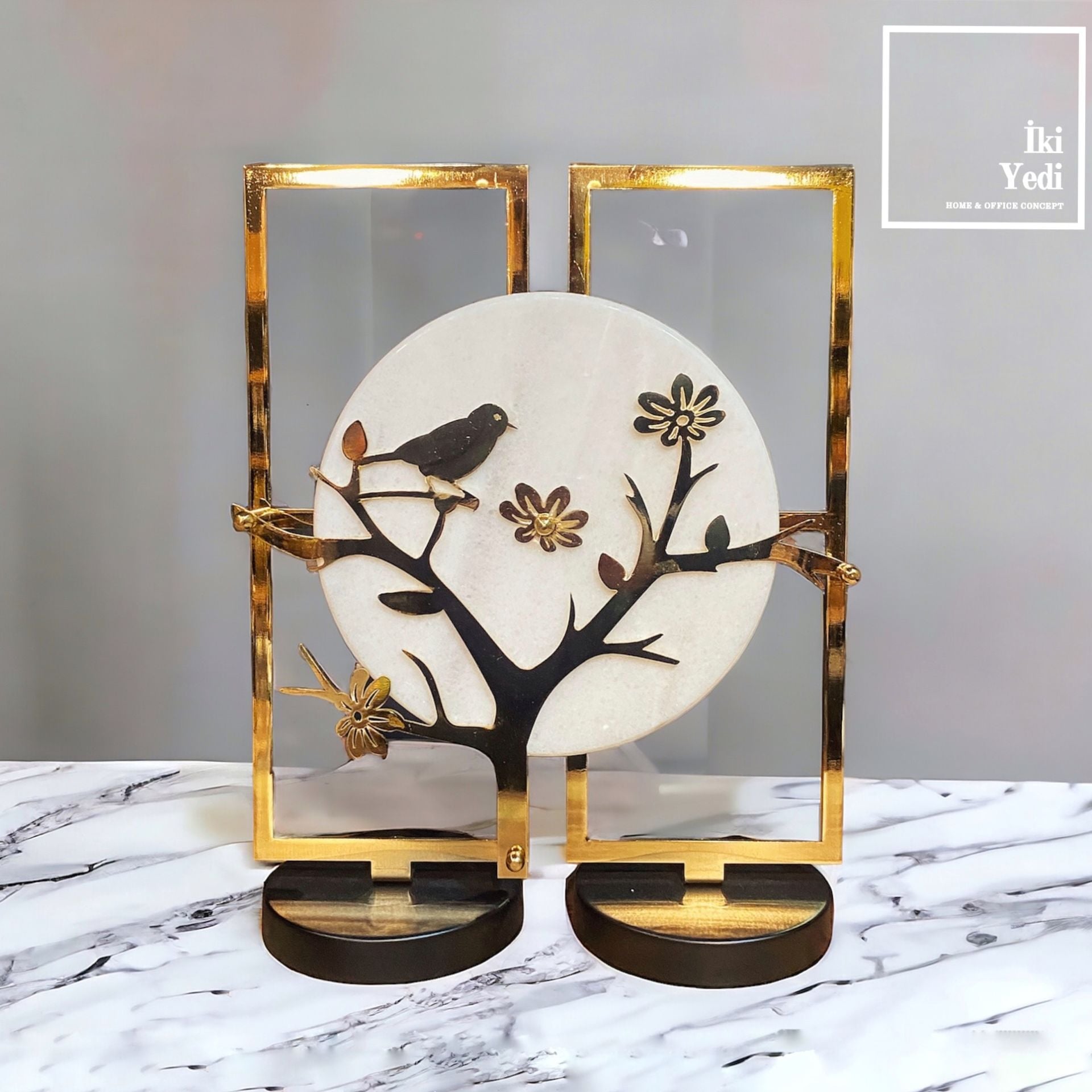 Parma Dekoratif Mermer Obje Gold Dekorasyon Ürünleri Metal Ağaç Çiçek ve Kuş Luxury Ev Hediyesi Hediyelik Eşya