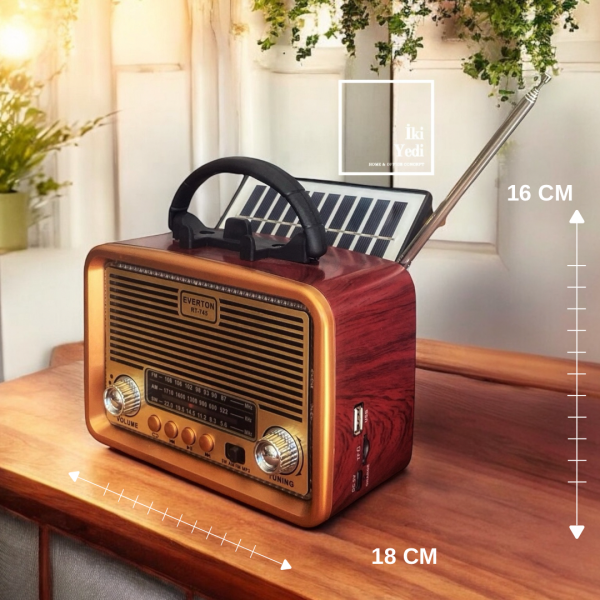 Retro Güneş Panelli Bluetooth Radyo Ahşap Tasarım USB TF Kart Şarjlı Çalışma Özellikli Hediyelik