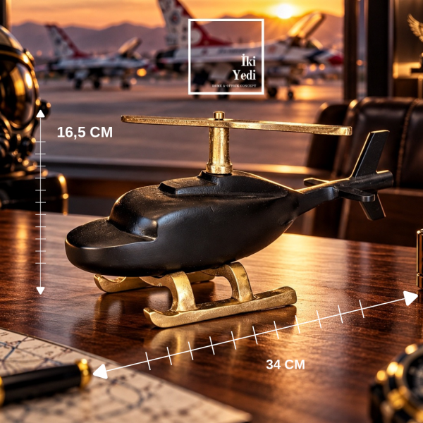 Aquinas Lüks Siyah Altın Metal Helikopter Heykeli Havacılık Masaüstü Aksesuar Dekoratif Obje 34 cm