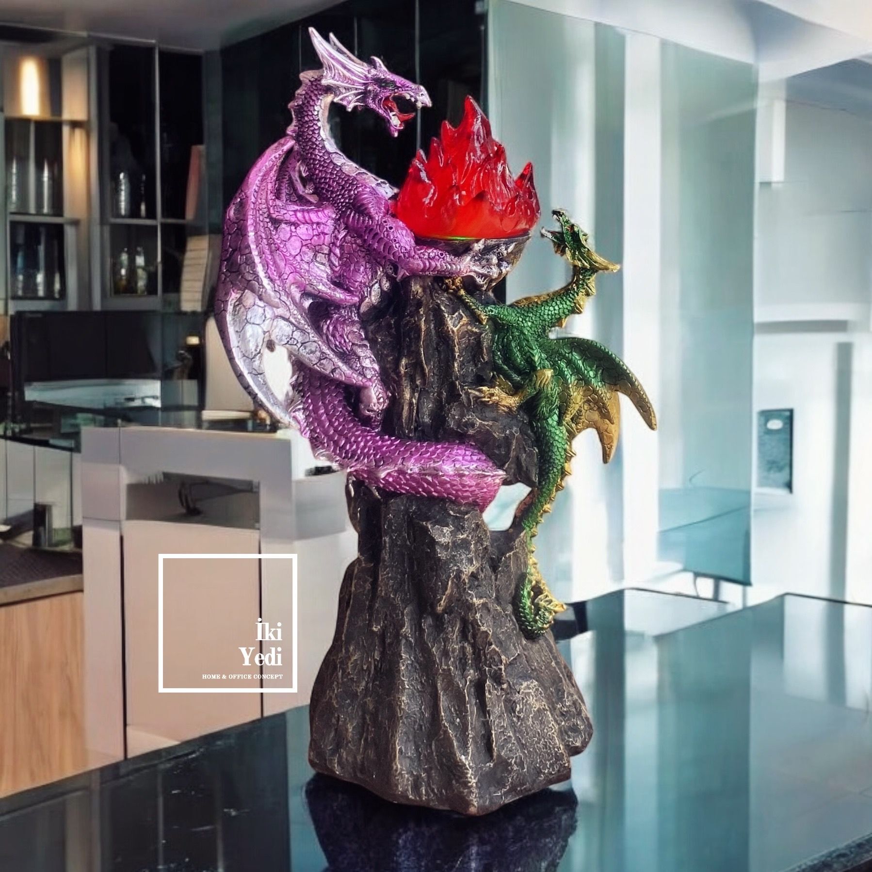 Dragon 77-2 İkili Ejderha Figürü Ledli Işıklı Dekoratif Ejderha Heykeli Fantastik Ofis Dekoru Obje