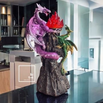 Dragon 77-2 İkili Ejderha Figürü Ledli Işıklı Dekoratif Ejderha Heykeli Fantastik Ofis Dekoru Obje