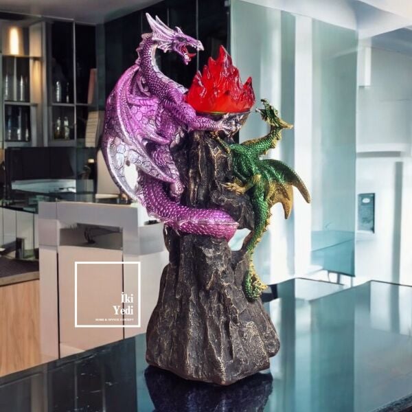 Dragon 77-2 İkili Ejderha Figürü Ledli Işıklı Dekoratif Ejderha Heykeli Fantastik Ofis Dekoru Obje