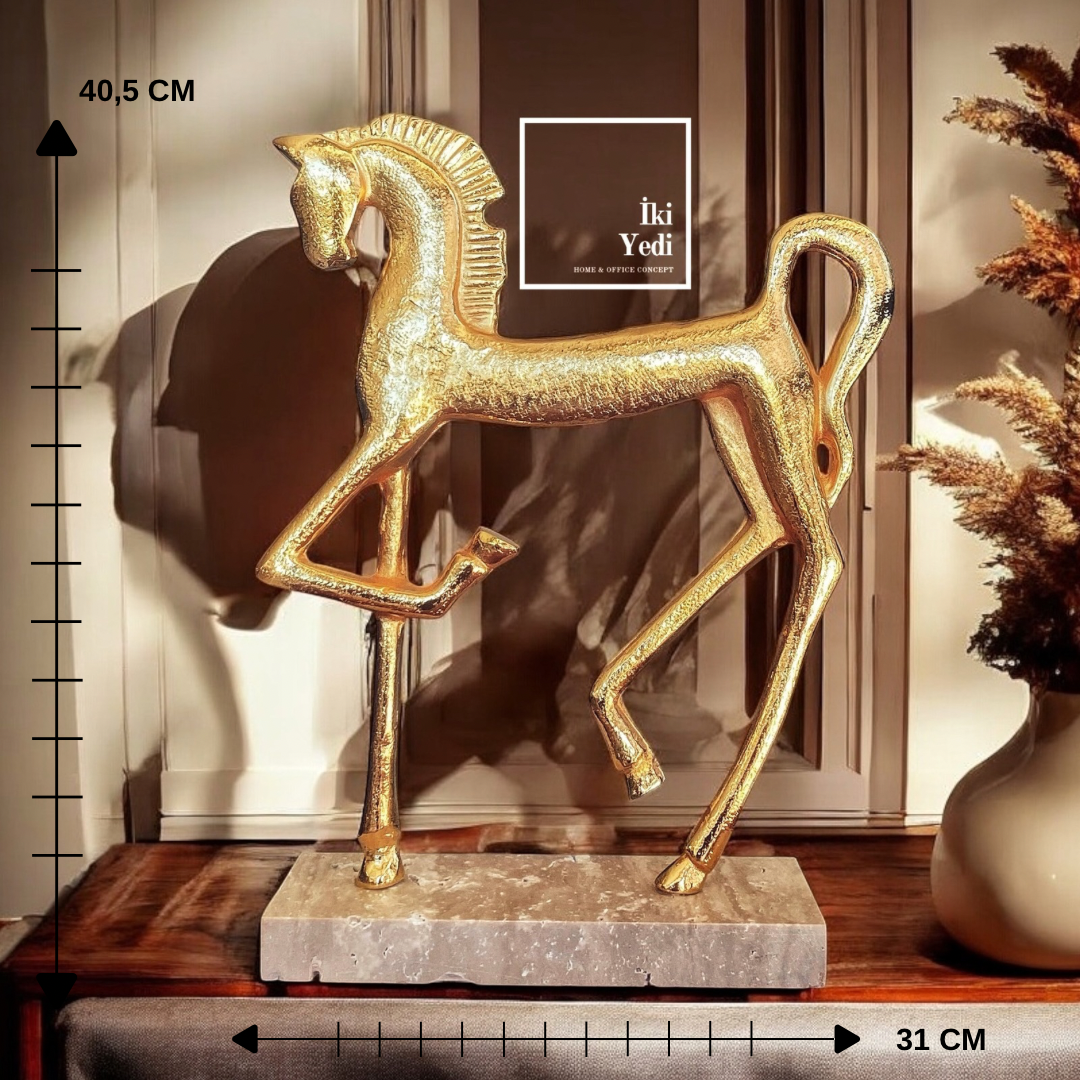 Ziegler Traverten Kaidel Gold At Heykeli Dekoratif Obje Ev ve Ofis Hediyesi Sanatsal Tasarım Lüks