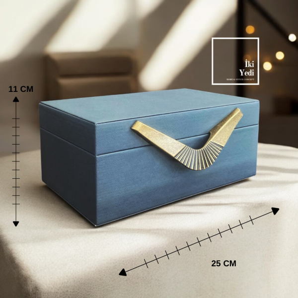 Bovellis Lüks Deri Kaplama Mücevher Kutusu Bronz Metal Tutma Kollu Antrasit Gri Tasarım VIP Hediye