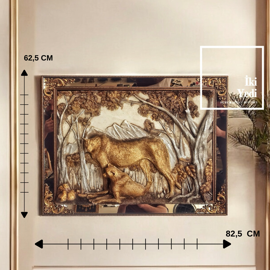 Jackhill Puma Figürlü Kabartma Çerçeve Tablo 82,5x62,5 cm Duvar Dekoru Altın ve Gümüş Detaylı Obje