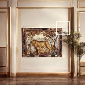 Jackhill Puma Figürlü Kabartma Çerçeve Tablo 82,5x62,5 cm Duvar Dekoru Altın ve Gümüş Detaylı Obje