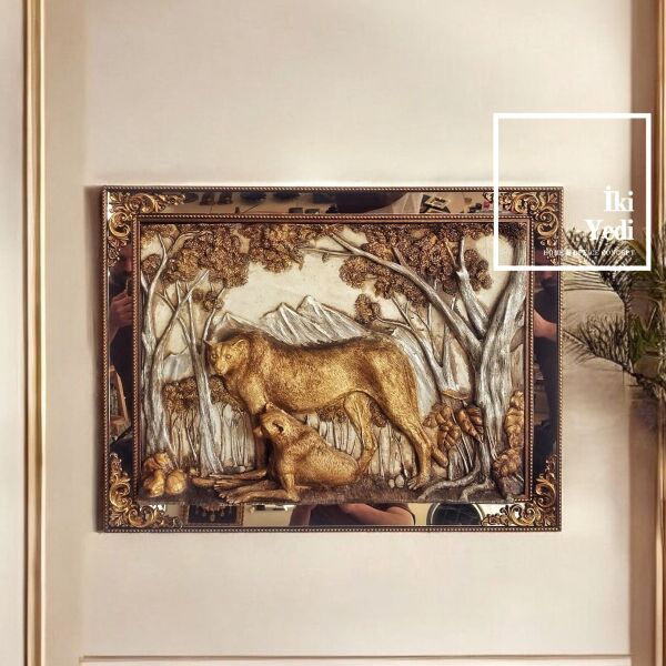 Jackhill Puma Figürlü Kabartma Çerçeve Tablo 82,5x62,5 cm Duvar Dekoru Altın ve Gümüş Detaylı Obje