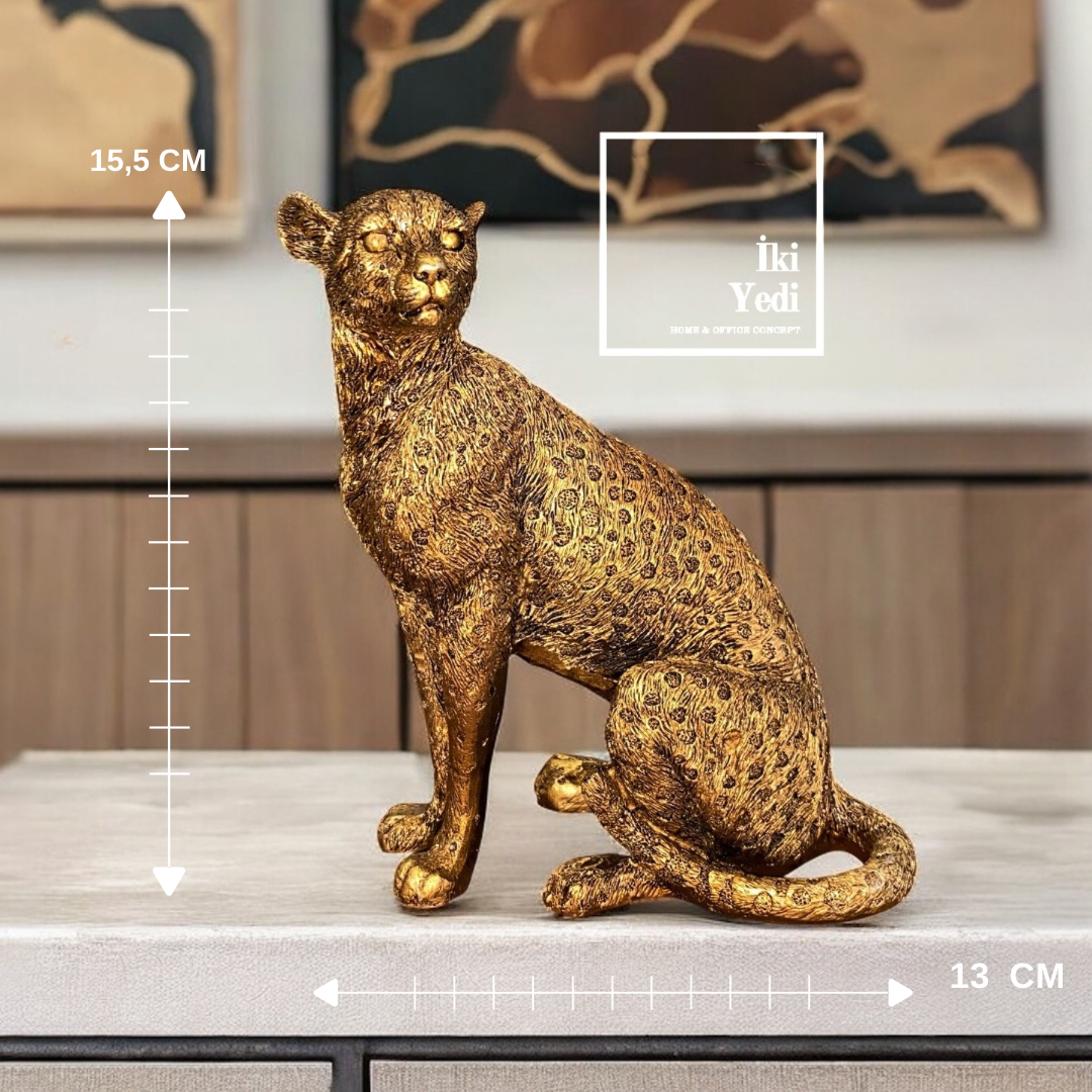 Jimhena Leopar Figürü Dekoratif Heykel Ev ve Ofis Aksesuarı Hediyelik Eşya Dekorasyon Objeleri Gold