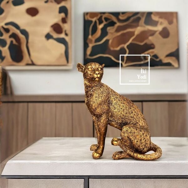 Jimhena Leopar Figürü Dekoratif Heykel Ev ve Ofis Aksesuarı Hediyelik Eşya Dekorasyon Objeleri Gold