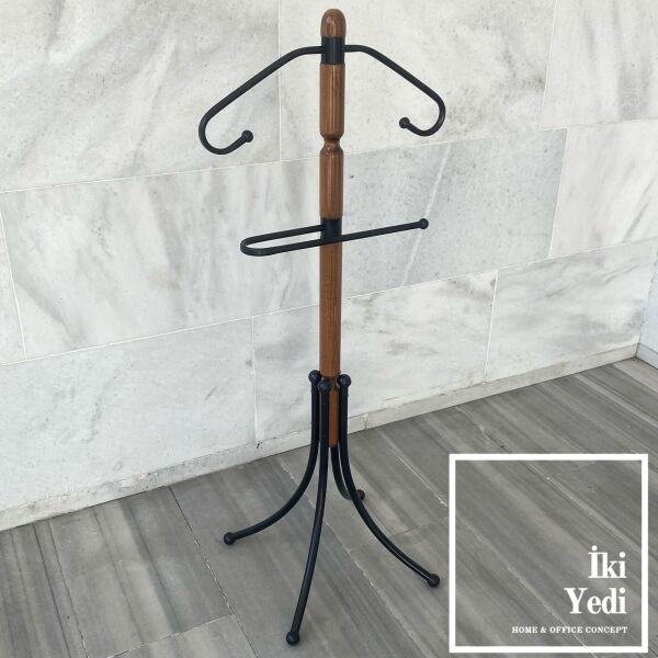 Zizou Ceviz Siyah Kayın Ağacı Masif Ahşap Pantolonluklu Dilsiz Uşak Demir Metal Ceket Askılık Ev Ofis Büro Dekorasyon Dekoratif Hediyelik Mobilya Aksesuar