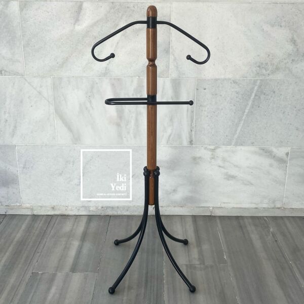 Zizou Ceviz Siyah Kayın Ağacı Masif Ahşap Pantolonluklu Dilsiz Uşak Demir Metal Ceket Askılık Ev Ofis Büro Dekorasyon Dekoratif Hediyelik Mobilya Aksesuar