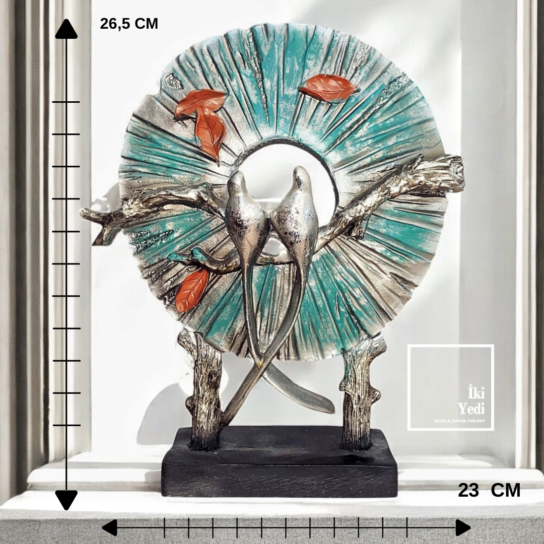 Notre Dekoratif Ağaç Dalları ve Kuşlar Obje, Turkuaz Yaprak Detaylı Biblo, Ev ve Ofis Dekorasyonu