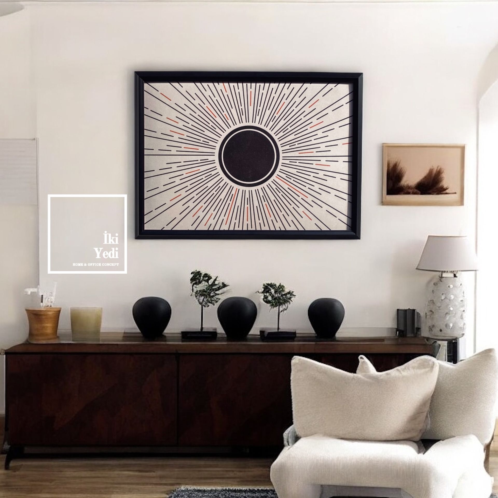 Astoria Minimalist Güneş Tasarım Soyut Modern Tablo Siyah Çerçeveli Tablo Duvar Dekoru Ev Ofis Büro Hediyesi