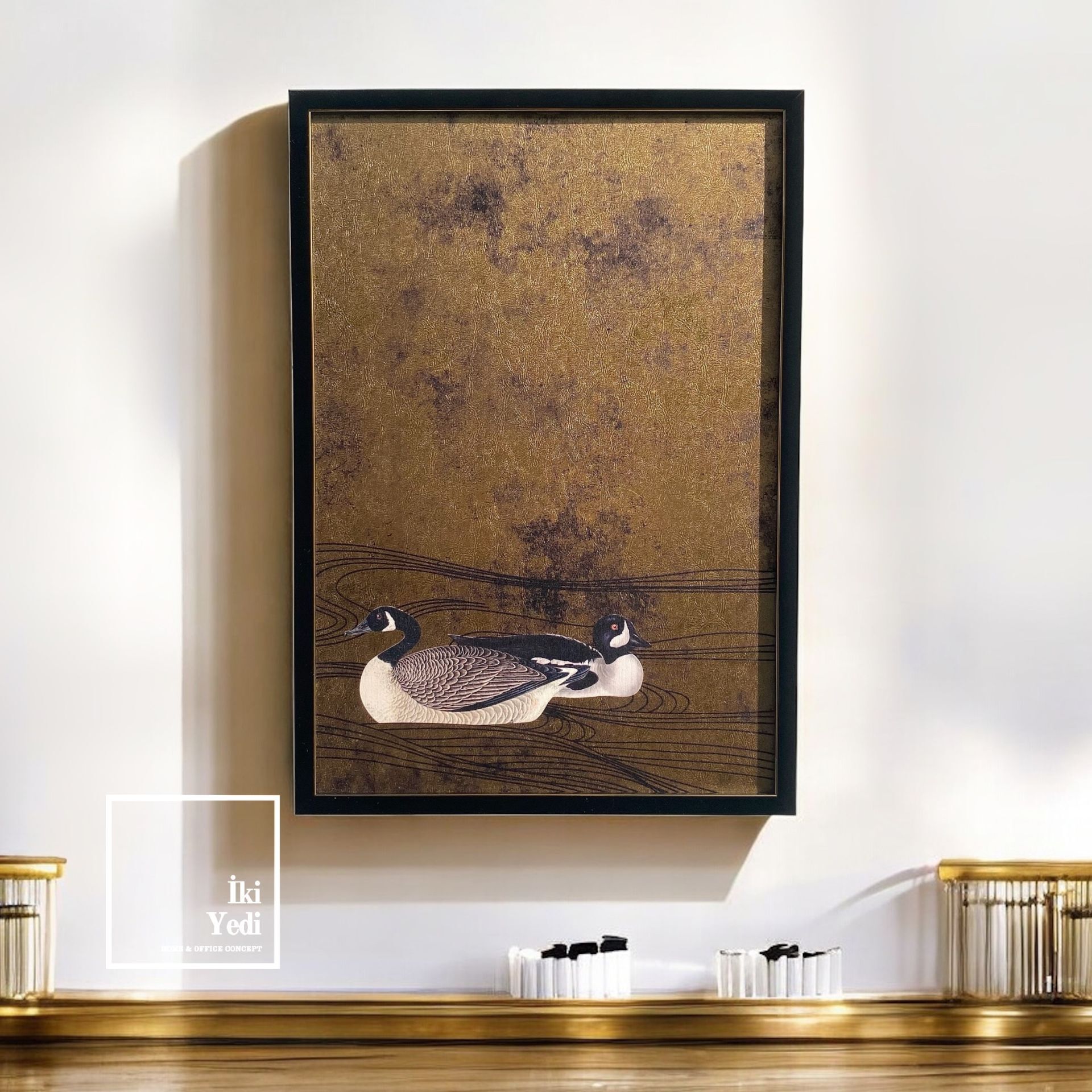 Golden Lake Yüzen Ördekler Tablosu Siyah Çerçeveli MDF Ahşap Tablo Duvar Dekoru Ev Ofis Büro Hediyesi