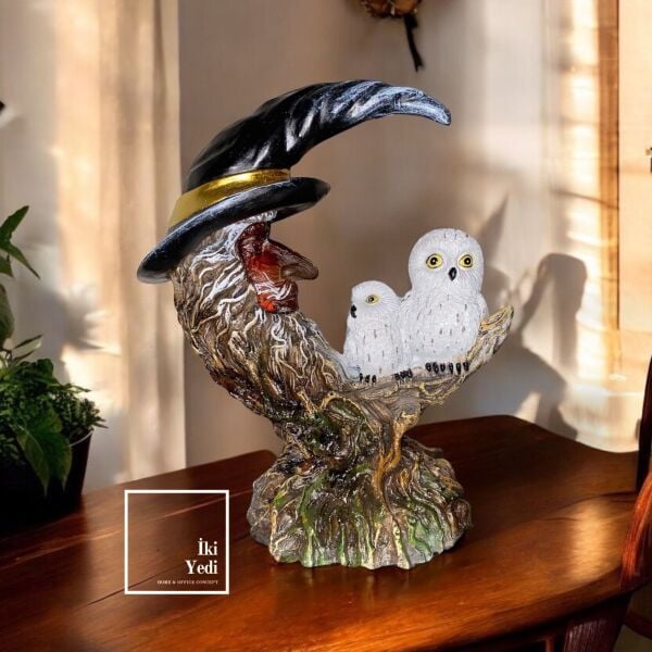 Caishan Ay Ağacı Baykuş Led Işıklı Dekoratif Biblo Özel Tasarım Ev ve Ofis Dekorasyonu, Hediyelik Masaüstü Süs