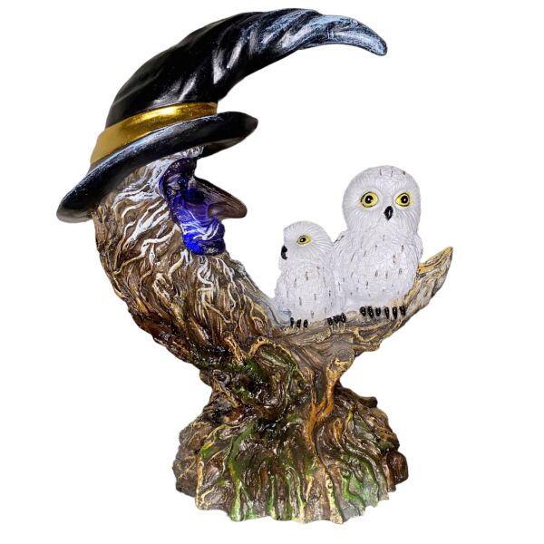 Caishan Ay Ağacı Baykuş Led Işıklı Dekoratif Biblo Özel Tasarım Ev ve Ofis Dekorasyonu, Hediyelik Masaüstü Süs