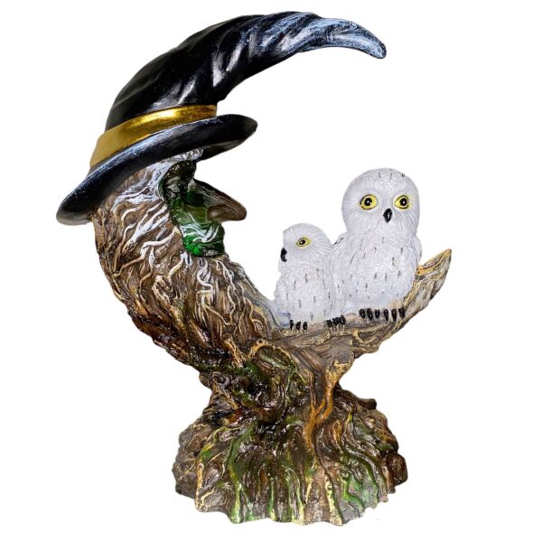 Caishan Ay Ağacı Baykuş Led Işıklı Dekoratif Biblo Özel Tasarım Ev ve Ofis Dekorasyonu, Hediyelik Masaüstü Süs