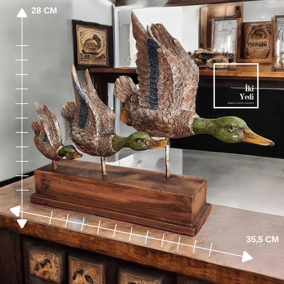 Nugent Dekoratif Uçan Ördekler Heykeli 3’lü Set Kaideli Kuş Figürü Ev Ofis Süsleme Obje Av Dekor