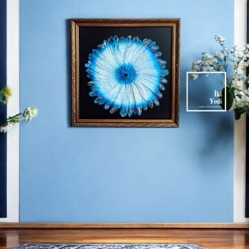 Orche Mavi Tüy Desenli Nazar Boncuğu Tema Kare Çerçeve Rölyef Tablo 72,5 cm x 72,5 cm Duvar Dekoru