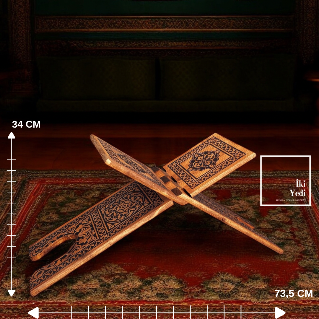 Derun Ahşap Oymalı Rahle Büyük Boy Katlanabilir Kuran Sehpası 73,5x34 cm El İşçiliği Kitaplık Stand