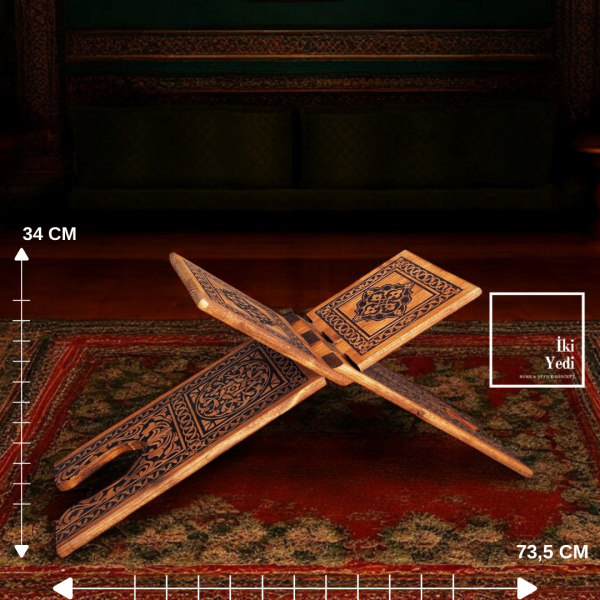 Derun Ahşap Oymalı Rahle Büyük Boy Katlanabilir Kuran Sehpası 73,5x34 cm El İşçiliği Kitaplık Stand