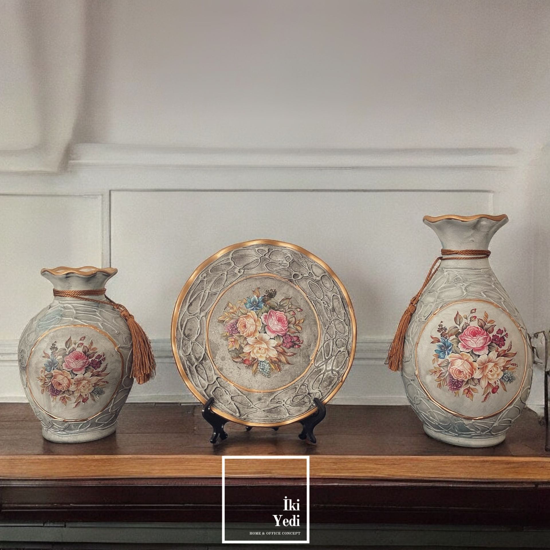 Keith 3'lü Dekoratif Vazo Tabak Seti Takımı Desenli Dekupaj El İşi Süs Eşyası Ev Dekorasyonu Ofis Büro Objeler Hediyelik