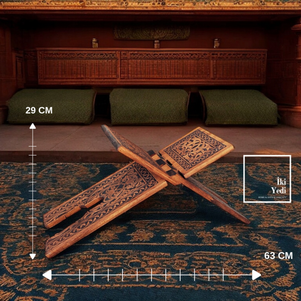 Sükun El Oyması Ahşap Rahle Katlanır Kitaplık Kuran Okuma Sehpası 63x29 cm Dini Hediyelik İslami