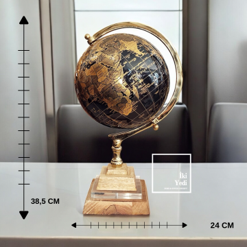 Seattle Ahşap Ayaklı Dünya Küresi Gold Siyah Yerküre Ofis Ev Dekoratif Hediyelik Masa Üstü Aksesuar