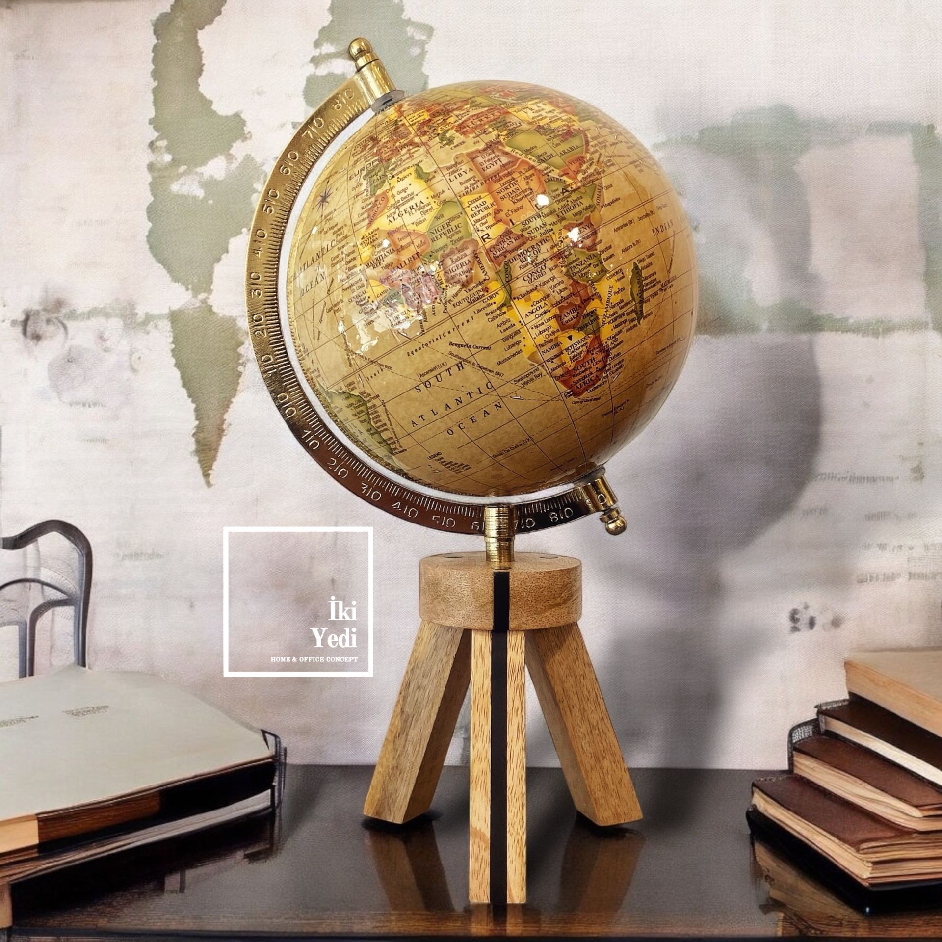 Hajmah Ahşap Tripod Ayaklı Gold Sarı Dünya Küresi, Dekoratif Yerküre, Ofis Ev Hediyelik Obje